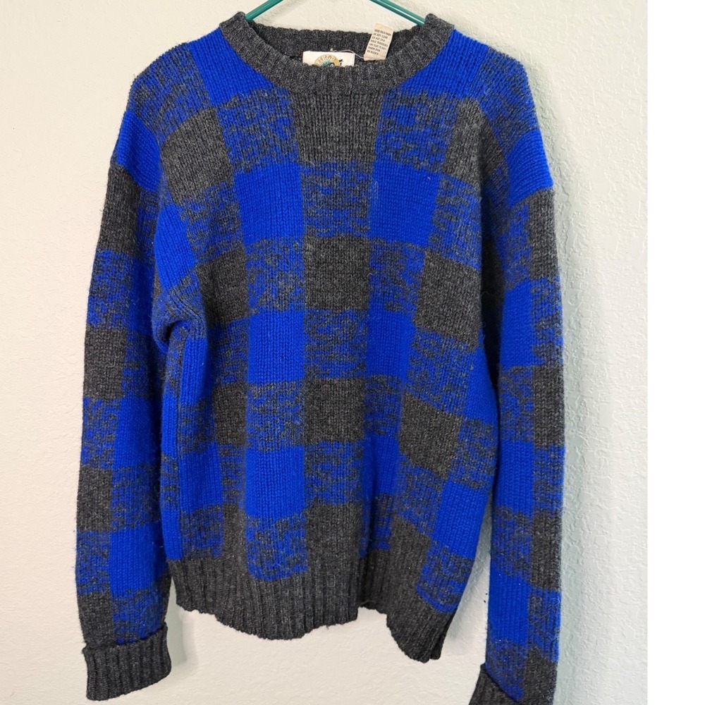 VTG Shetland Wool Scottish Sweater Field Gear Mens M Blue Grey Checkerboard Warm